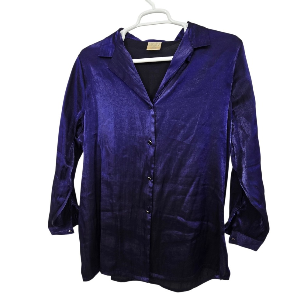 Vintage 90s Style Studio Metallic Shimmer Top Blouse Shirt Plus 1X Blue Purple